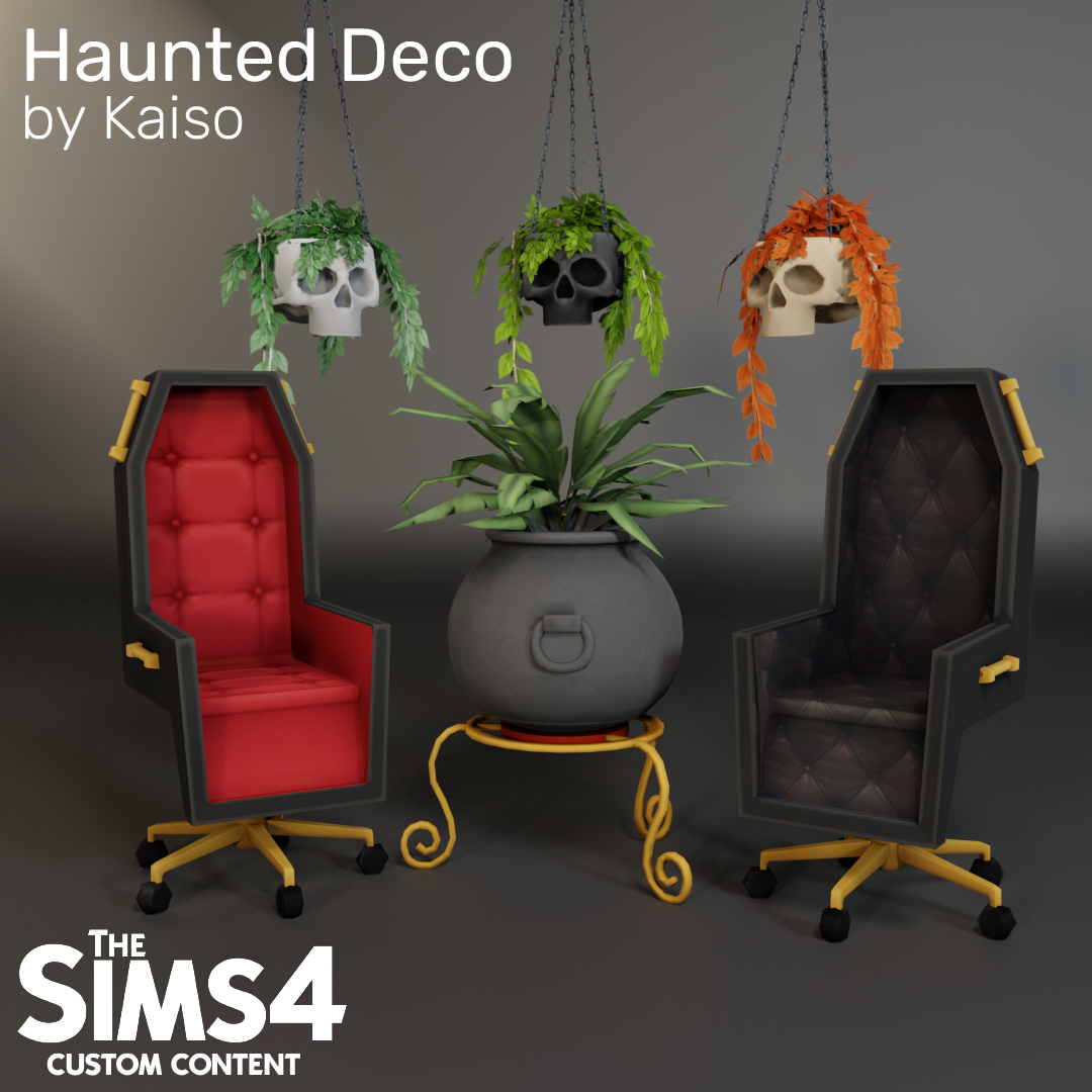 Haunted Deco CC Mini Set
Enjoy a mini set for the Halloween season! Includes a coffin themed office chair for your vampire sims to feel cozy at their desks, perhaps even in their Rusti .co offices.
[[MORE]]Items:
Coffin Chair - 15 swatches
Cauldron...