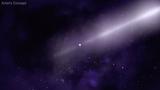 A small neutron star spins at the center of this animation. Two purple beams of light sweep around the star-filled sky, emanating from two spots on the surface of the neutron star, and one beam crosses the viewer’s line of sight with a bright flash. The image is watermarked “Artist’s concept.” Credit: NASA's Goddard Space Flight Center.