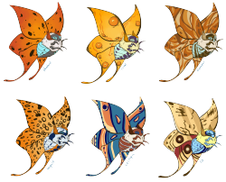 mamashortstack:this weekend i decided to jump on the pokemon variation bandwagon and did up a few volcaronas! theyr’re all kinda loosely based on real moths. this was a lot of fun and i’d love to try this with other pokemon sometime.