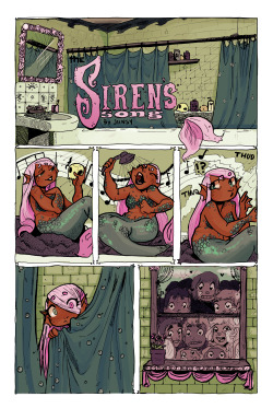 jiinsy:  One page comic for the anthology my class is putting together about mythological creatures doing mundane activities, like a siren singing in the shower! I don’t know if it’s super clear, but she actually has a rock to sit on in her little