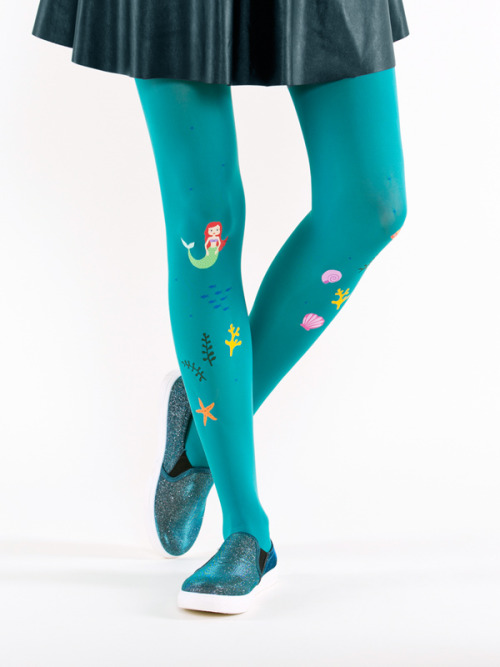 Ariel TightsCute underwater pattern with mermaid Ariel on blue-green semi-opaque tights (the pattern