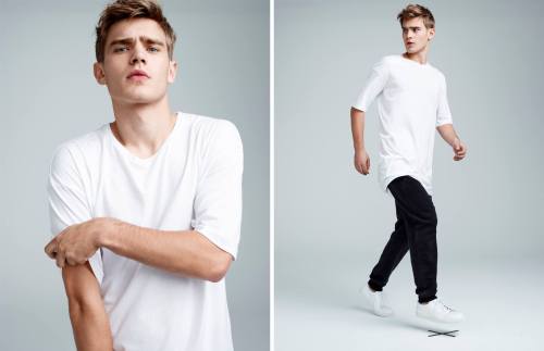 chriscruzism:Refresh Your Fit with the New Arrivals by Simons are essentials wardrobe for guys including sweatpants, long tunic shirts, also tees, side zip tee, roll-sleeve tee, tanks, complementing with white or dark sneaks. Model Bo Develius is