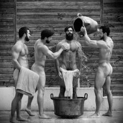 enchantemoimerlin: Bathing the bearded birthday boy by Pascal Loubet   Like man and towel.