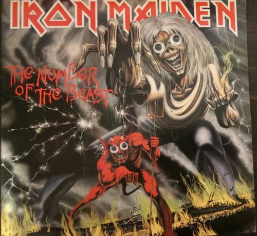 Metal albums with googly eyes