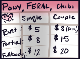 skuttz:This will improve as we go along until I find something that works for me. I am setting these up price wise to try and deal with paypal fees and setting aside money for the taxman, y’know. Pony and Chibi pricing:Anthro/human pricing:Will’s