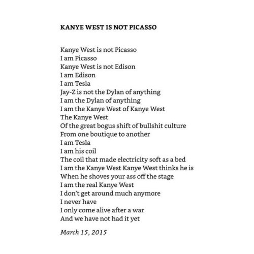 fuckyeahannecarson:– Leonard Cohen, “Kanye West is not Picasso” 