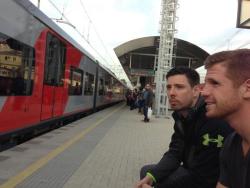 olympics365:  Skeleton racers Kyle Tress and John Daly waiting from the train in Sochi. Hello, ginger beard. 