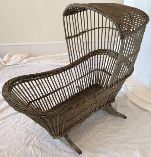 rosscountyhistoricalsociety:Rocking wicker baby cradle, c. 1850. The pale greenish paint appears to 