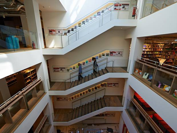 theparisreview:
“ A new location (and ambiance) for Foyles, “London’s temple of books”: “Light streams down from rooftop windows on to a spacious white-walled atrium catching the edge of a 1930s dancefloor like a spotlight. It’s a huge change of...