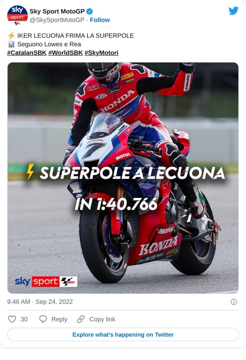 ⚡ IKER LECUONA FRIMA LA SUPERPOLE 📊 Seguono Lowes e Rea#CatalanSBK #WorldSBK #SkyMotori pic.twitter.com/xT06anSR5j  — Sky Sport MotoGP (@SkySportMotoGP) September 24, 2022