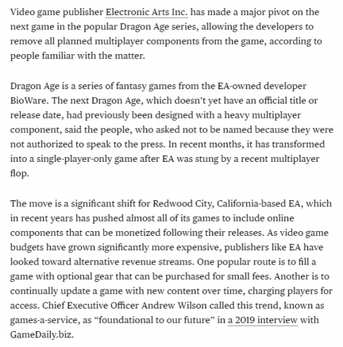 felassan:Jason Schreier’s latest Bloomberg article on the removal of multiplayer in Dragon Age 4[sou