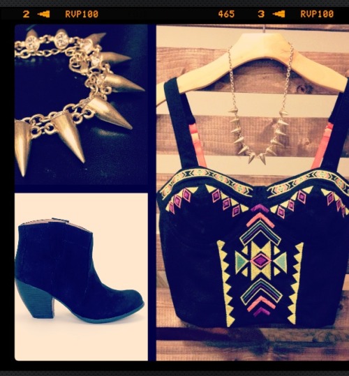 Tribal bustier, spiked necklace, &amp; cowboy ankle booties&ndash;for the Hipster Cowgirl in all of 