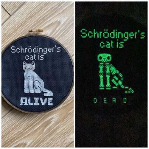 salamencerobot:crossstitchworld:my attempt at the Schrödinger’s cat pattern! by liann22 Oh I want t