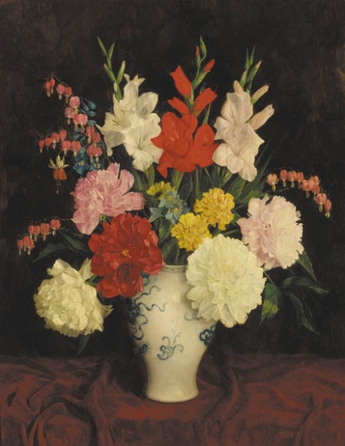 Joseph Jost (1888-1969)Gladioli, paeonies, carnations and fuchsias in a vase on a draped table