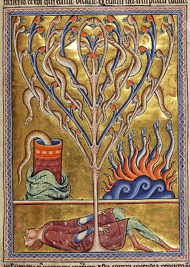 A medieval manuscript illustration with a decorative red-and-blue border and a gold-foil background. The center of the illustration is a stylized tree, in which half a dozen snake-like creatures are climbing the branches to eat the fruit. To the left of the tree is a well, with a snake's tail sticking out the top. To the right is a fire, from which another half-dozen snake-like creatures are emerging, sticking up vertically in a way that mirrors the shape of the flames. For some reason, while the other snakes are brown, the ones in the fire are blue. At the base of the tree is a man in medieval clothing lying dead on the ground.