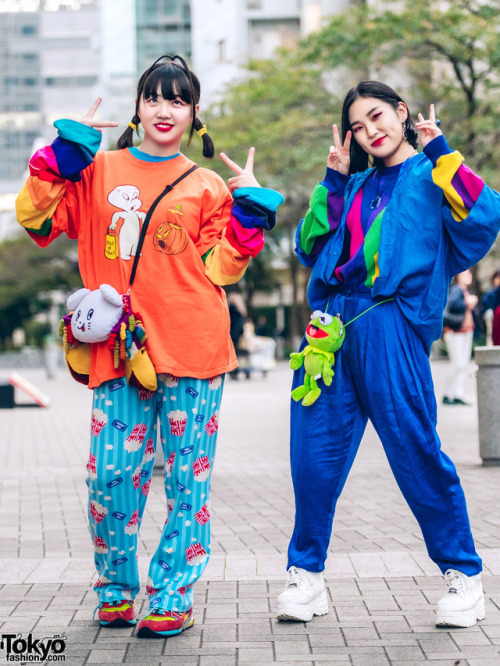 17-year-old Japanese students Asuko and Mai on the street in Tokyo wearing colorful fun looks featur