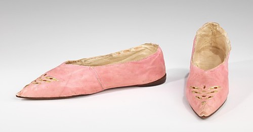 Slippers, 1795–1810 MetMuseum:This attractive pair of pink kid slippers is typical of the brig