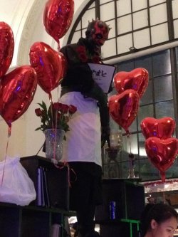 scificity:  My favorite sushi restaurant has a life-size Darth Maul greeting you at the entrance. This is how they dressed him for Valentine’s Day.http://scificity.tumblr.com