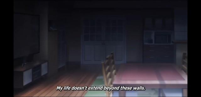 Interior of a small apartment with a table, chairs, and a kitchen visible. Subtitle: My life doesn't extend beyond these walls.
