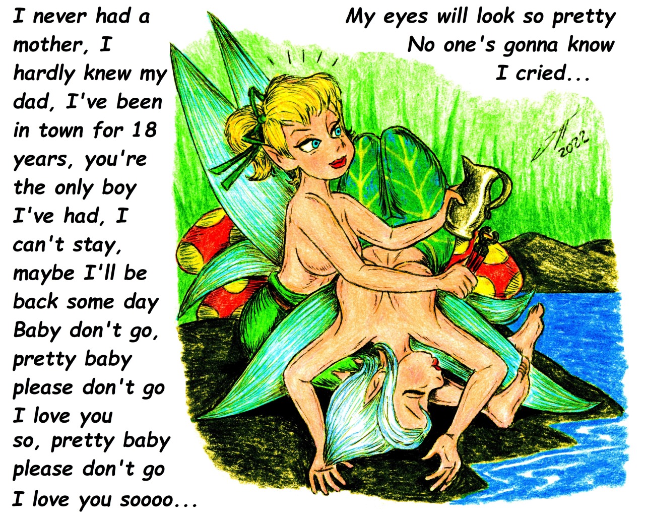 ALWAYS TINKERING AND FIXING THINGS!!Tinkerbell and Periwinkle always visit their secret place there in the pond; They always talk about their intimate things, their dreams and their feelings as sisters who love each other.Periwinkle usually loves to take a nap there, and always loves to rest on Tinks lap, soon falling asleep. But Tinkerbell is a TINKER FAIRY, and as a fairy saying goes: A Tinker Fairy is always thinking about what to fix; so its very usual to see that while Peri is sleeping soundly, Tink takes out her tools and starts to fix some artifact that needs fixing.Tink is very skilled at fixing things, she is always careful NOT TO HURT her sister while doing her repairs, so Peri can continue taking her nap.Lyrics from the song “Baby Don’t Go” by Sonny & Cher. #periwinkle fairy#periwinkle#Tinkerbell#Tinkerbell Fairy#tinkerbell disney#tinkerbell fanart #tink & periwinkle #fairies twins#tinkerbell sister#tinker talent#winter fairy #the secret of wings #sisters love#Disney Fairies #disney fairies books  #disney fairies fan art  #disney fairies art #fairies art#fairies#cute fairies#beautiful fairies#Lovely fairies#adorable fairies#pretty fairies#Pixie Hollow #pixie hollow art