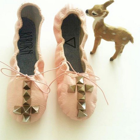 Light pink leather ballerina flat shoes with studded reversed cross. Goth punk kawaii doom lolita do