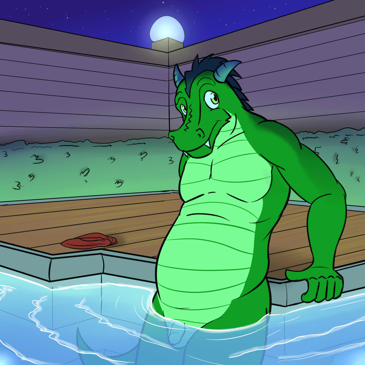 Green chubby dragon going for a midnight swim.  Hopefully no one happens to catch