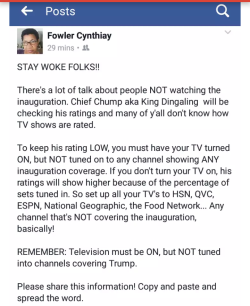 outerkate: corinneduyvis:  ultralaser:  imthehomoyourmomwarnedyouabout: 👏🏻👏🏻  tldr don’t just turn your tv off, turn on something else that isn’t the inauguration.  watching something else will mean not only are the ratings for the inauguration