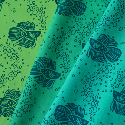 firesidetextiles:Betta Fish hand printed fabrics: Pistashio, Cypress, and Splash.
