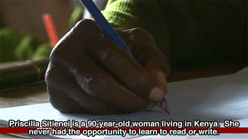 huffingtonpost:  90-Year-Old Kenyan Woman Goes To School, Learns To Read And Write Alongside Great-Great-Grandkids(Gif Source: BBC via Youtube)