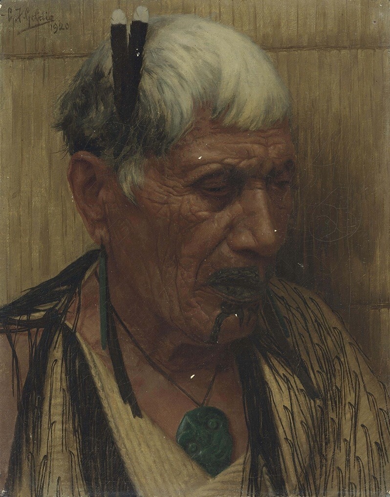 Charles Frederick Goldie (1870-1947) - Memories. Wiripine Ninia, a Ngatiawa chieftainess
Oil on canvas. Painted in 1920. Note the huia feathers in her hair.
10.6 x 8.6 inches, 27 x 21.5 cm Estimate: £40,000-60,000.
Sold Christie’s, London, 15 Dec...