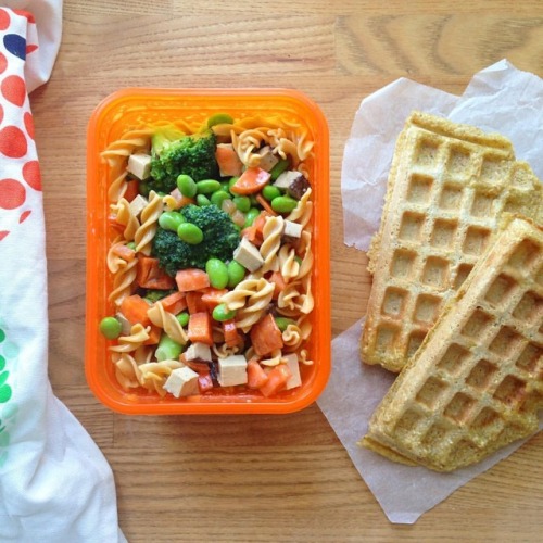 another uni lunch pic! Same as always  Chickpea pasta with veggies and tofu + 2 vanilla protein waff