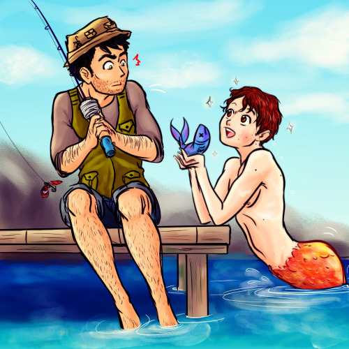 yomikoda:  Merman Stiles trying to seduce Derek with fish.  For Madi ! Sorry that art meme thin