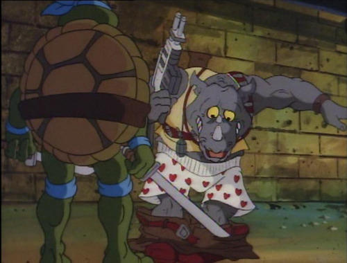 The only Underwear scene in the 1987 TMNT. In the episode “Beneath These Streets,” Leo slashes at Rocksteady, clipping his belt and causing his pants to drop to the ground exposing his boxers. Though, if you ask me, Rocksteady seems more like the