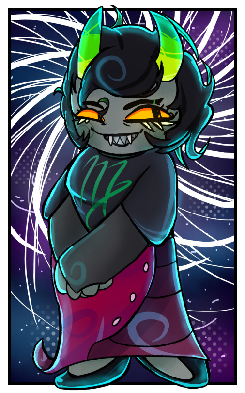 [ID: A Drawing Of Kanaya Maryam On A Space Background And Space Sign. She's A Fat Homestuck Troll Drawn