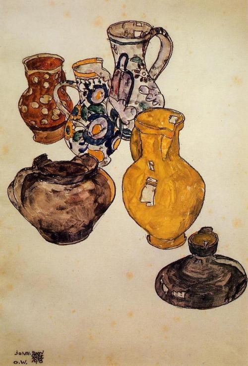 artist-schiele: Ceramics, 1918, Egon SchieleMedium: watercolor on paper