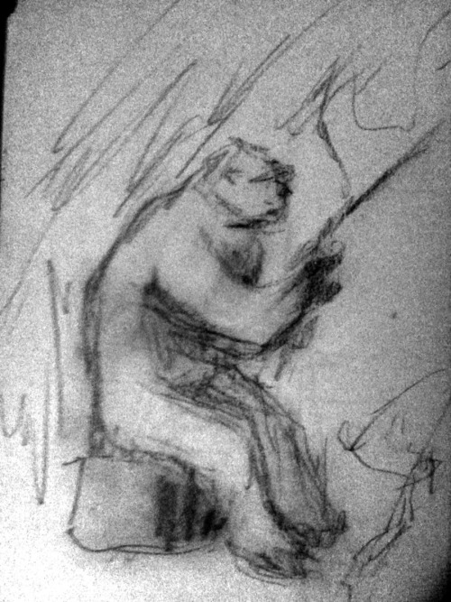 merryblacksmithstudio:  A yeti goes fishing. Charcoal on paper.