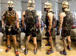 godcody-slavecody:Ready for Folsom 2018.  Electro-box in backpack.  (Shock collar on neck added before going outside.)