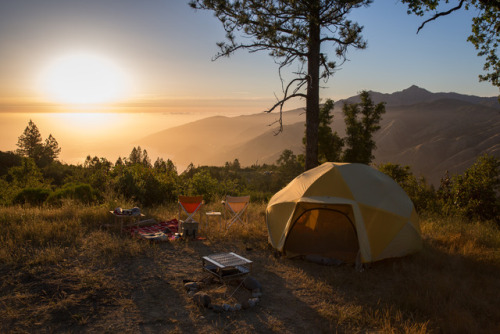 Big Sur at sunset with a nice assortment of vegan camp food. Beyond Burgers with Upton’s Bacon Seita