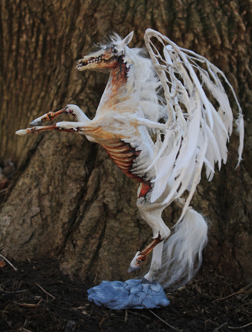 “Apocalypse” zombie pegasus unicorn sculpture. Completely handmade from polymer clay over a wire and