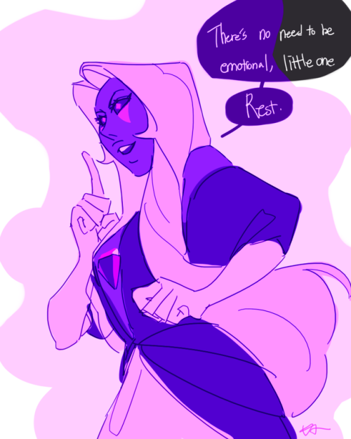 purpleorange:  purple pearl and violet diamond, the pearlsona and her diamondsona I mentioned on this post a long time ago.violet diamond is a very gentle, mysterious gem.she always has her eyes closed, and only opens them when she’s using her power. It