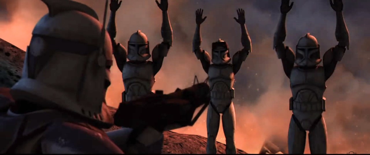 Rex points a gun at Fives, Echo, and Hevy, who all have their hands up in the air. They are all wearing full armor.