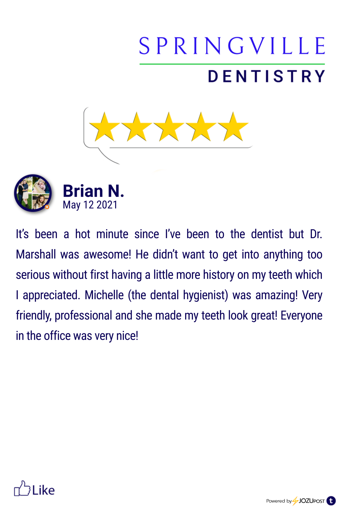 We appreciate our patients!
Here is our latest Five-Star Review from Brian N. We love to recognize those patients that take the time to fill out a review and let us know how we are doing.
Here is what Brian N. had to say: “It’s been a hot minute...