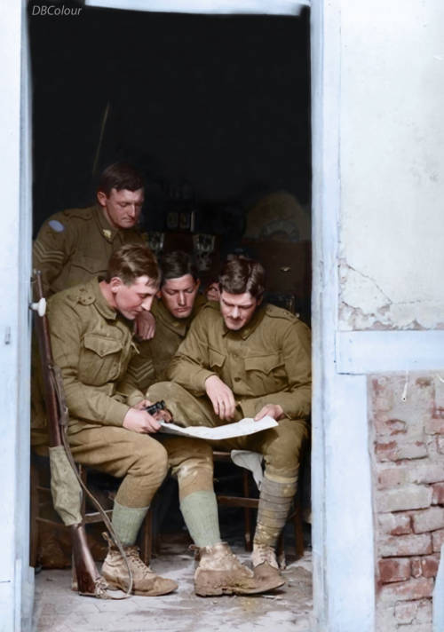 29 March 1918Unidentified officers and NCOs of the Australian 13th Machine Gun Company studying a ma