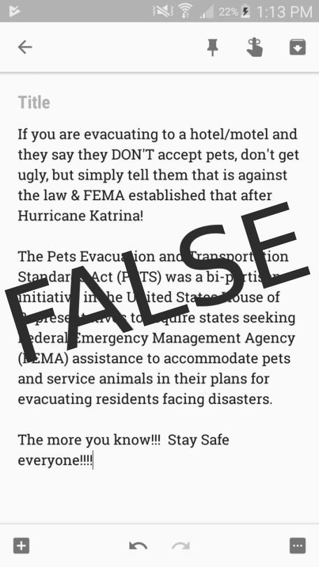 writertobridge:  The claim that the PETS Act requires hotels/motels to shelter your