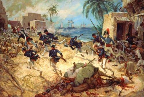 US Marines assault Derna (Libya) during the War with the Barbary Pirates, 1805.Painted by Charles Wa