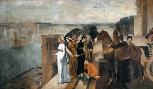 dominusvenustas:  A drapery study by that independent spirit of the nineteenth century art world, Edgar Degas. In this painting of Semiramis Building Babylon, individual studies were made for each figure including the kneeling woman. It is very much in