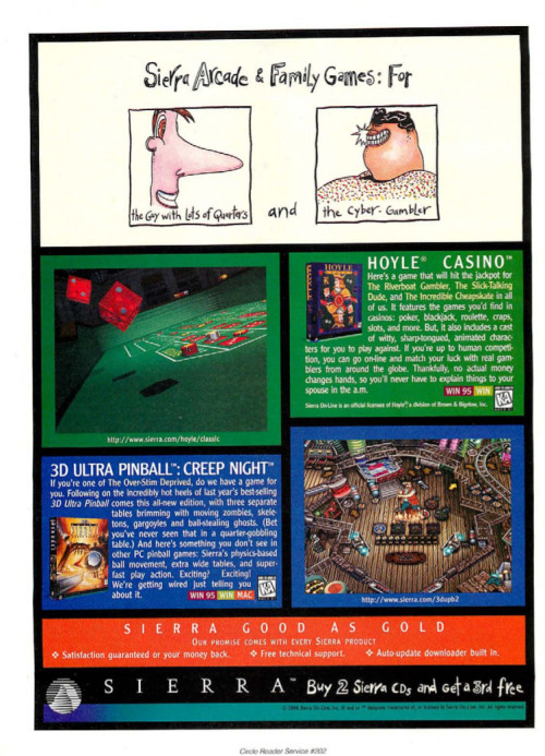 vgprintads: ‘Sierra - ‘Sierra Makes Stuff For All Kinds of Game Players’ [PC] [USA] [MAGAZINE, PROMOTIONAL SECTION] [1996] Computer Gaming World, December 1996 (#149)- Illustrations by Kevin Pope  via CGW Museum Got a niche? Got an archetype? Sierra