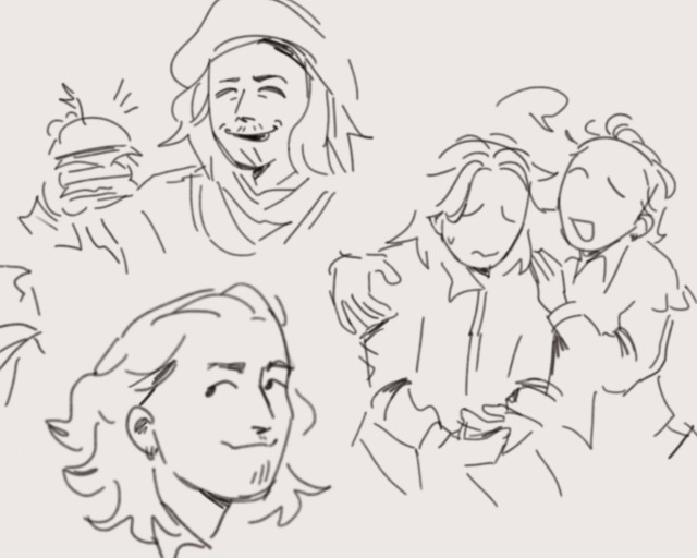 sketch page showing two portraits of ros, one with his hair up and one holding a burger, in addition to a doodle of guil comforting ros on the ship.