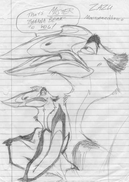 seegercove:  I tried Zazu as a mammal and it didn’t look right, so I went with Montanazhdarcho. I think it works. The downward curved shape of azhdarchid skulls makes it look like he’s got a permanent sneer, which I think is very appropriate. Also,