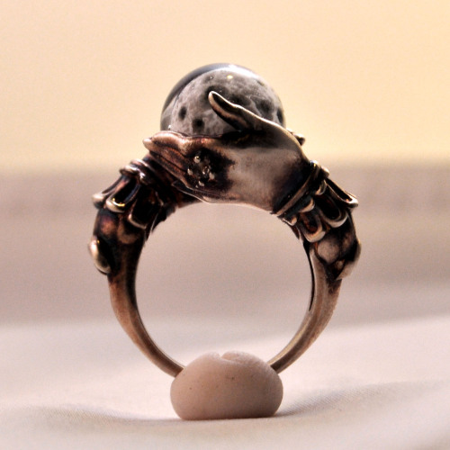 omniastudios:Celestial Lunar Oracle ring with deeply antiqued sterling silver, white topaz accent.ww